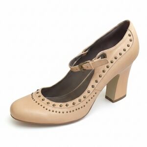 B. Marowsky Tan Sasha Metal Stud Mary Jane Block Heels Size 10 M
